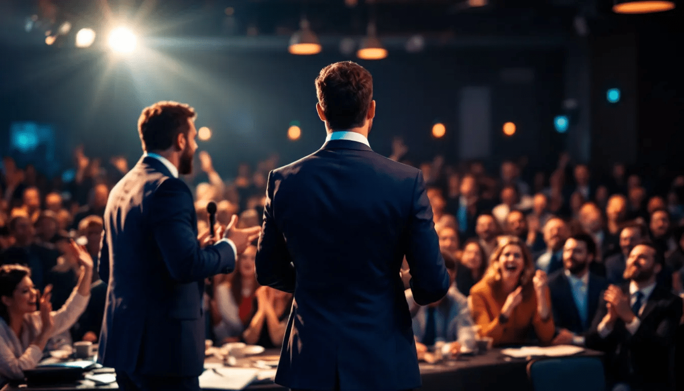 A corporate comedian performing in front of a laughing audience.