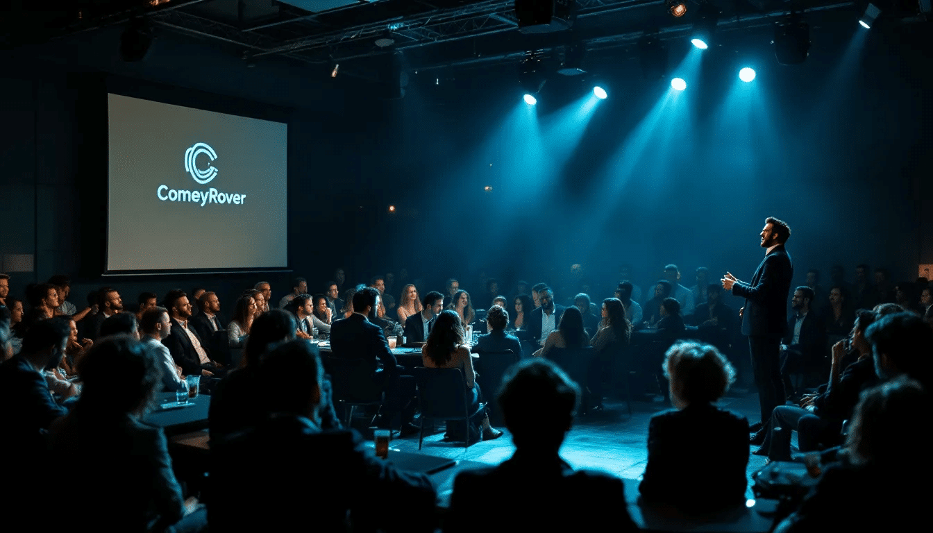 An audience enjoying a clean comedy show in a corporate event setting.