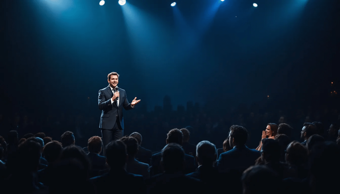 A corporate event featuring a comedian performing stand-up.