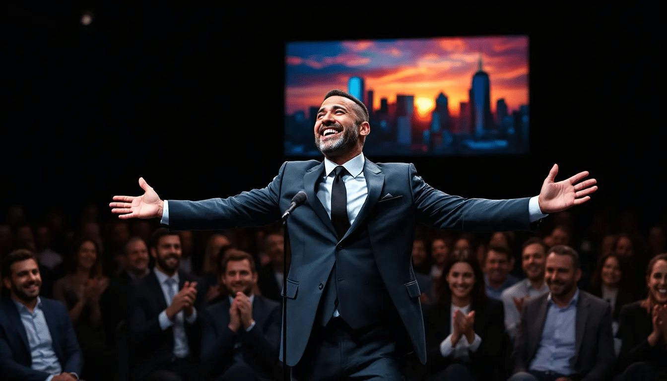 A motivational comedian performing at a corporate event, bringing laughter to the audience.