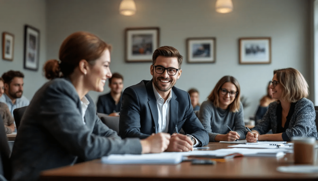 Event planners discussing options for hiring a comedian.